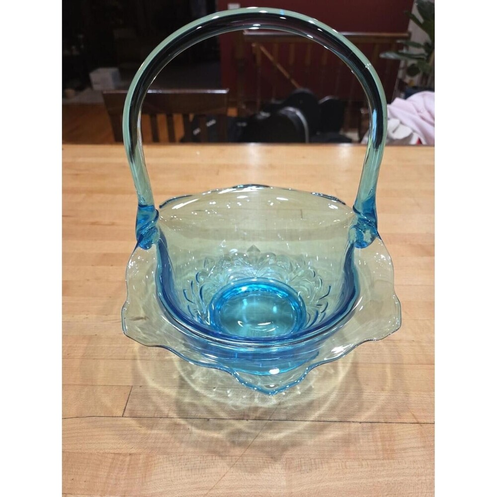 Blue Indiana Glass Duchess Basket Vintage Floral Pattern